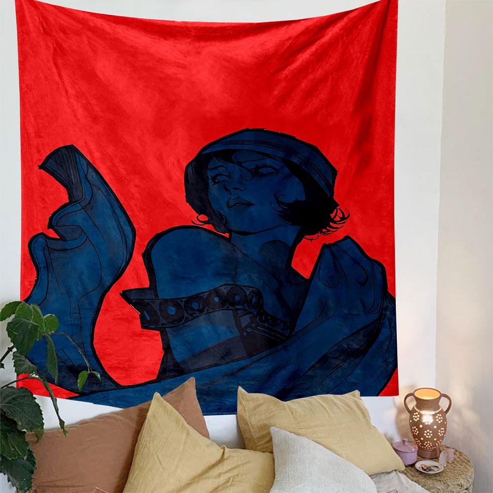A stylized blue figure with flowing fabric on a bold red background. Patterned tapestry for bedroom and living room home decor