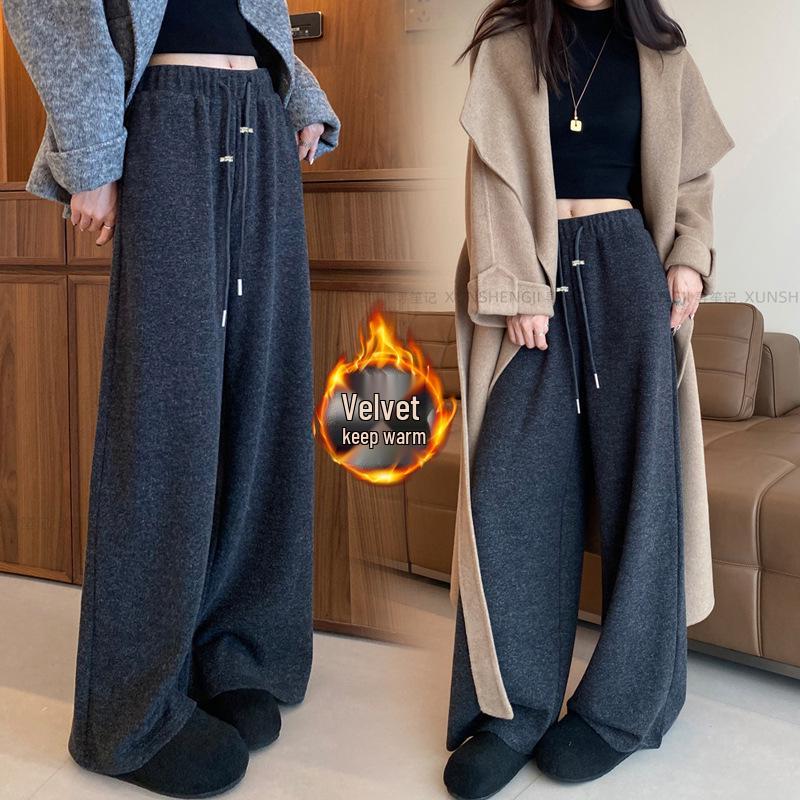 Women's Maternity Woolen Fleece-Lined High-Waist Wide-Leg Pants for Petite Sizes - Korean Style for Autumn/Winter