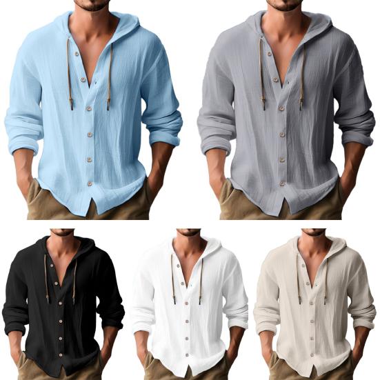 Men Hooded Drawstring Shirt Top Solid Color Button Closure Long Sleeve Quick Dry