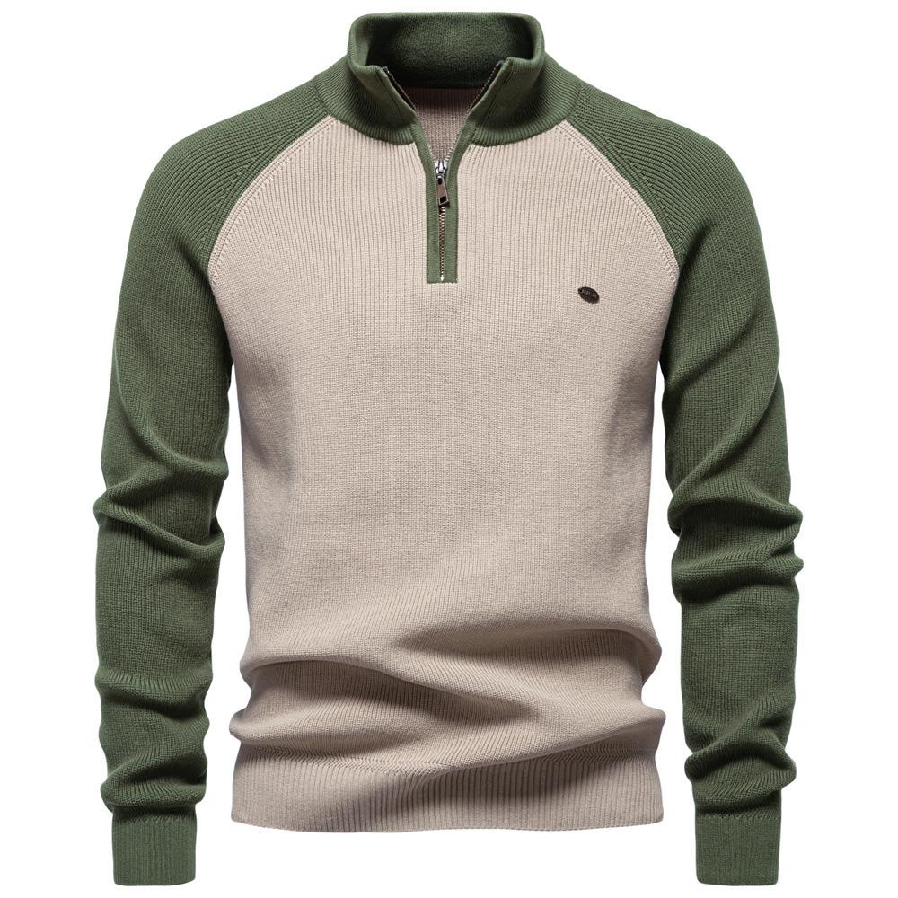 Men's Color Block Knit Sweater Casual Quarter Zip Stand Collar Raglan Sleeve Pullover