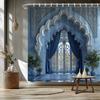 1pc Ornate Archway Entrance Shower Curtain White Floral Carvings Deep Blue Wall Blue Curtains Wrought Iron Gate Potted Plants Tr
