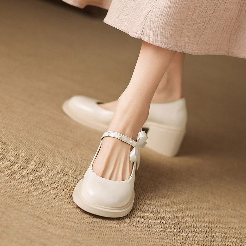 Krazing Pot Microfiber Round Toe Thick Med Heels Spring Summer Shoes Big Size 43 Pearl Bowtie Women Platform Pumps