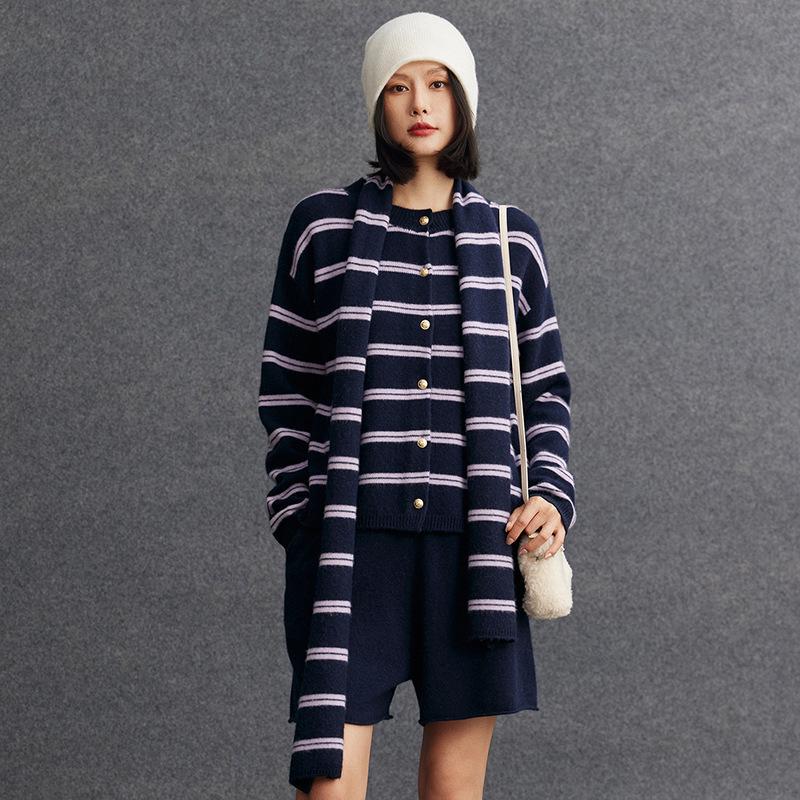 Women's Double Ply Cashmere Cardigan - Round Neck, Thickened Sweater Coat, Retro Casual Stripes, Color Block Design.