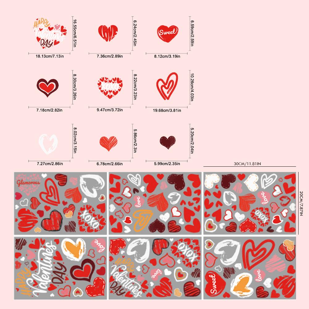 Valentine'S Day Window Decor Reusable Red Pink Heart Shaped Static Stickers Glass Art Decals Home Wall Stickers 6/12 Sheets