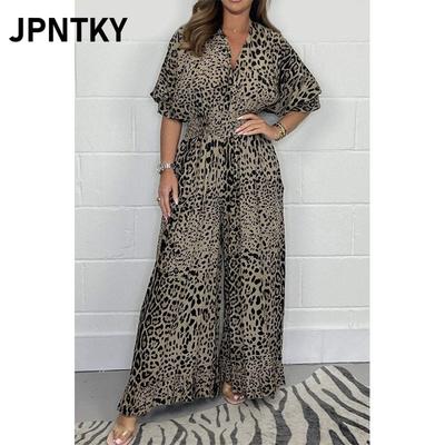 JPNTKY Combinaisons d'été et de printemps pour femme, mode décontractée, imprimé léopard, manches courtes, col polo