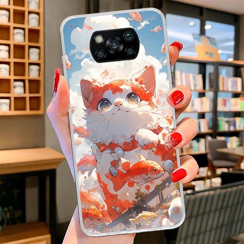Cartoon Cute Cat Fish Aesthetic Cover Phone Case For Xiaomi Poco F7 Ultra X7 X6 X5 Pro M7 Redmi 15C 15 13C 13 12C 12 10C 10 9A 9