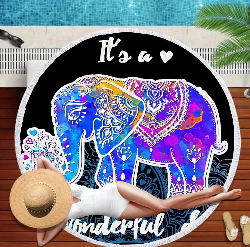 Serviette de Plage Ronde Mandala Marin Monde Sous-Marin Épaisses Serviettes de Douche Bain Microfibre Été Bouée de Natation Tapis de Yoga 3D Avec Pompons