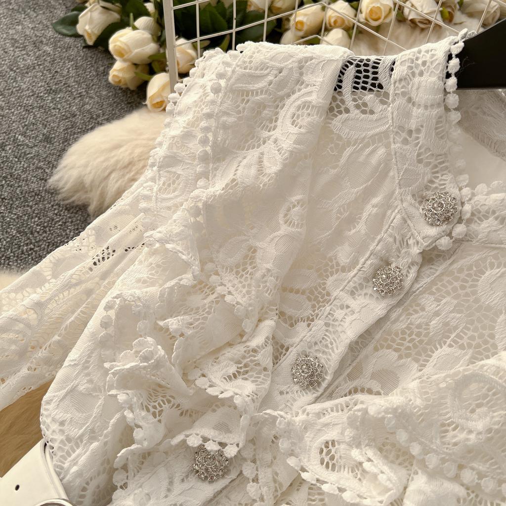 2025 French Women's Dress High-end Fungus Edge Splicing Single-breasted Waist Lace Embroidered Dress