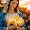 USB Garden Light Blessed Mother Statue with Flower Lamp Virgin Mary Ornament Weather-Resistant Glowing Rose Decorative for Outdoor Ambient