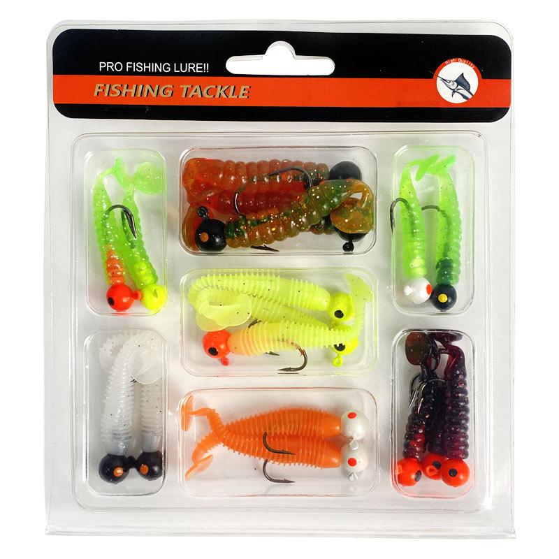 Luya Bait 34pcs 1 Set 17pcs Metal Jig Head Fishing Hooks + 17pcs Soft Worm Lure Grub Silicone Fish Artificial Bait Tackle