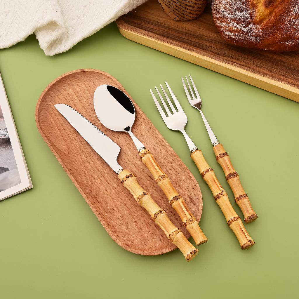 16 PCS Bamboo Handle Flatware Set, Stainless Steel Silverware Set for 4, Knives Forks Spoons and Tea Fork Set, Use For Home Kitchen Party and Travel