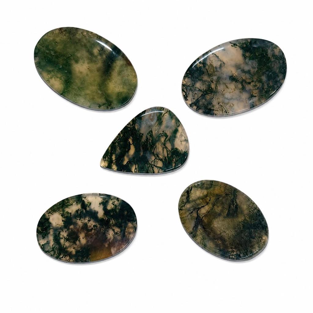 Moss Agate Cabochon Lot of 5 Stones | Mixed Shape Moss Agate Gemstone Set for Jewelry Making