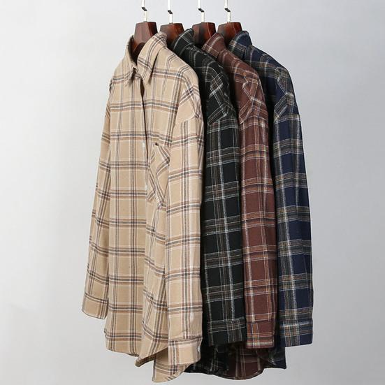 Men Autumn Shirt Plaid Print Contrast Colors Turn-down Collar Lapel Korean Style Single-breasted Loose Pocket Soft Patchwork Spring Shirt Daily Wear