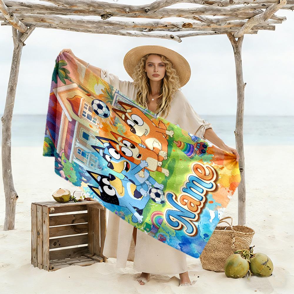Bluey's Soccer Adventure Customize Text Beach Towel Quick-Dry Soft Microfiber Portable for SwimmingBeachCamping Travel Beach AccessoriesGym
