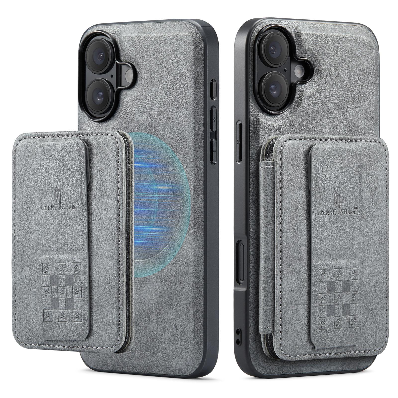

FIERRE SHANN 028 Style For iPhone 16 Plus Case Magnetic Detachable Card Slots Leather Back Cover Grey