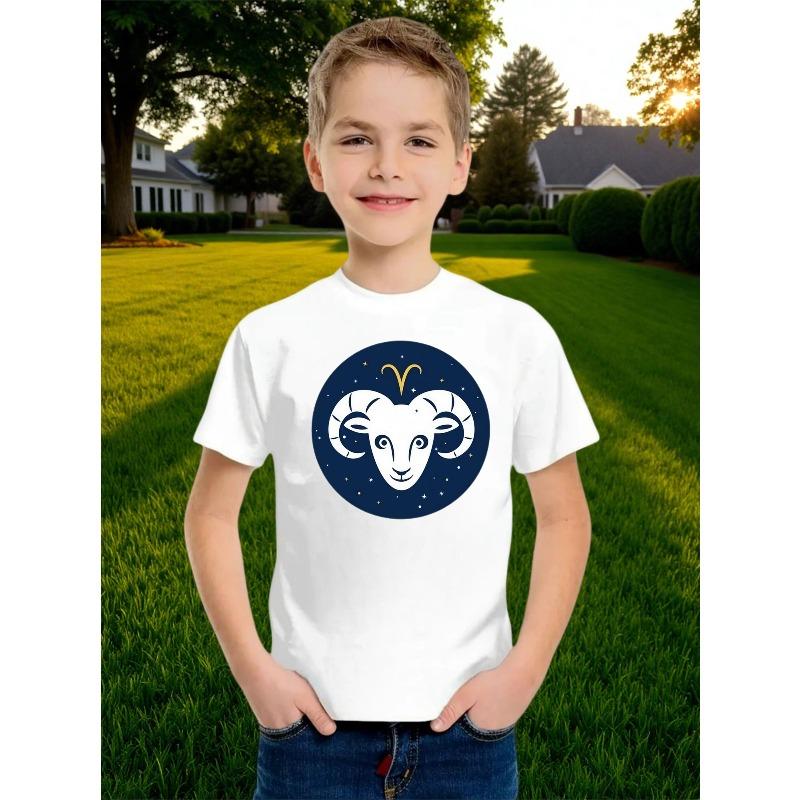 

European sizes Boys Aries Sign T-Shirt - Breathable Mesh Short Sleeve with Horn Symbol & Constellation Print 164cm білий