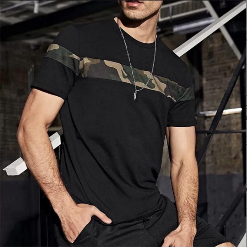 Men Summer New Printed Color Block Short Sleeve Crew Neck T Shirt Casual Contrast Top