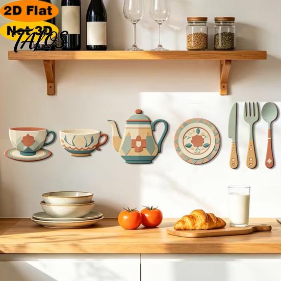 Peel Stick Dining Room Decor 7Pcs 2D Flat Kitchen Wooden Wall Decor, Retro Teapot Tableware Themed Easy to Apply Art, Self‑Adhesive Plaques for Home