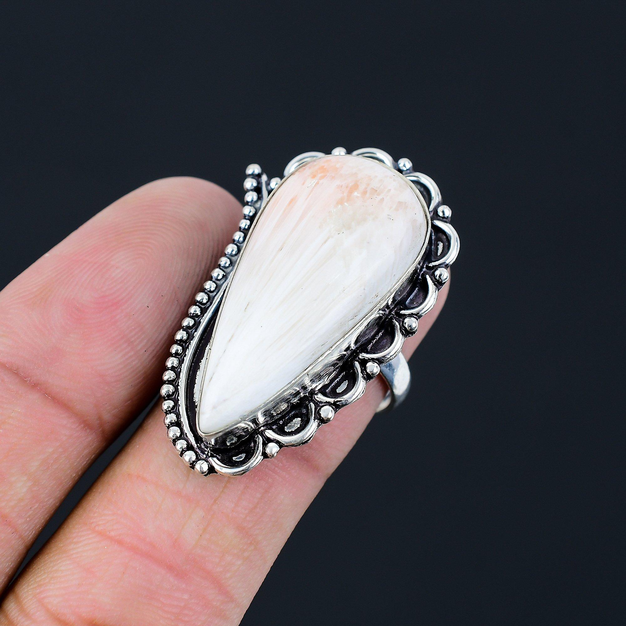 Mothers day Deal 925 Silver Pear Scolecite Gemstone Stackable Ethnic Ring US 8.5 8.5