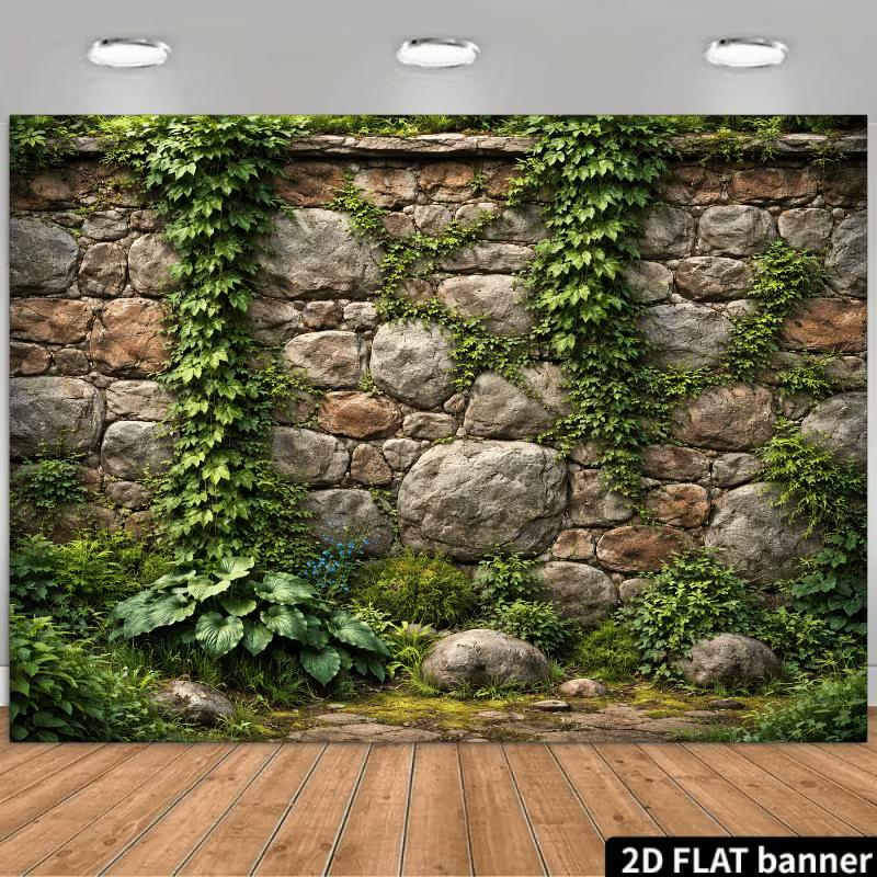 2D Natural Ivy-Covered Stone Wall Backdrop Lush Garden Photo Background