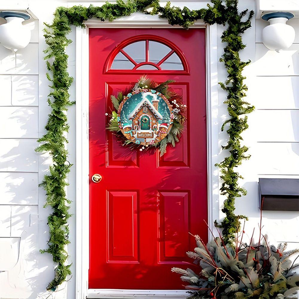 Christmas Gingerbread House Welcome Round Wooden Hanging Sign, 2D Flat Printed Wall Door Ornament, Xmas Home Holiday Decor Gift