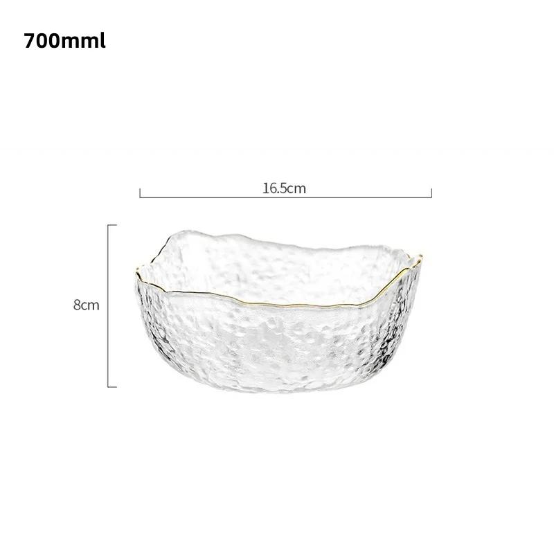 Japanese Style Iceberg Glass Bowl with Glod Rim Transparent Salad Fruit Soup Dessert Snack Foods Mixing Bowl Tea Wash Large