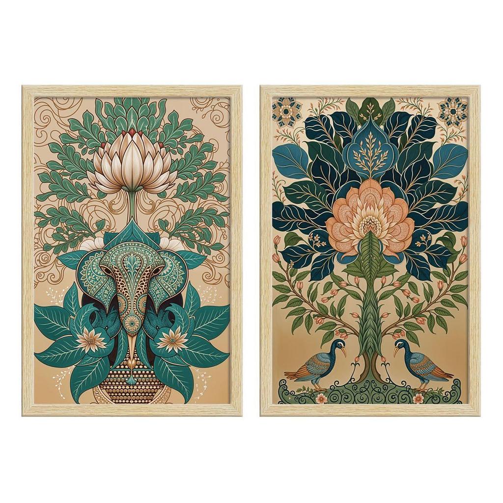 Madhubani Art Paintings with Frame for Home Decor, Wall Painting for Living Room, Multicolor, Natural Wood Color Frames, Set of 2
