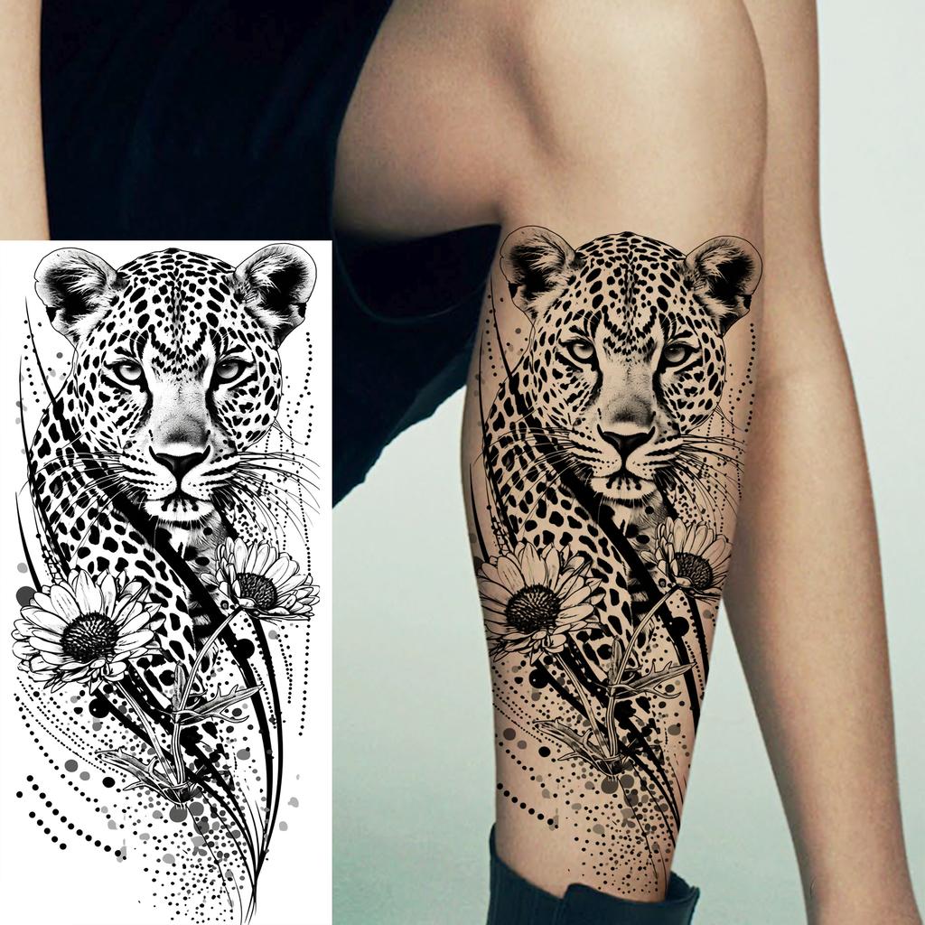 1 Sheet Cool Leopard With Rose Temporary Tattoos For Men Women Adults, Long Lasting Realistic Waterproof Fake Tattoo Sticker