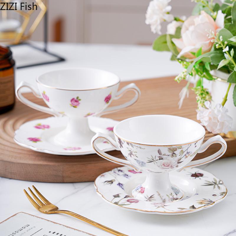 Gold Plated Flower Edge Pattern Porcelain Cup Icecream Mug Dining Table Milk Coffee Mugs Afternoon Tea Teacup Fruits Juice Cup