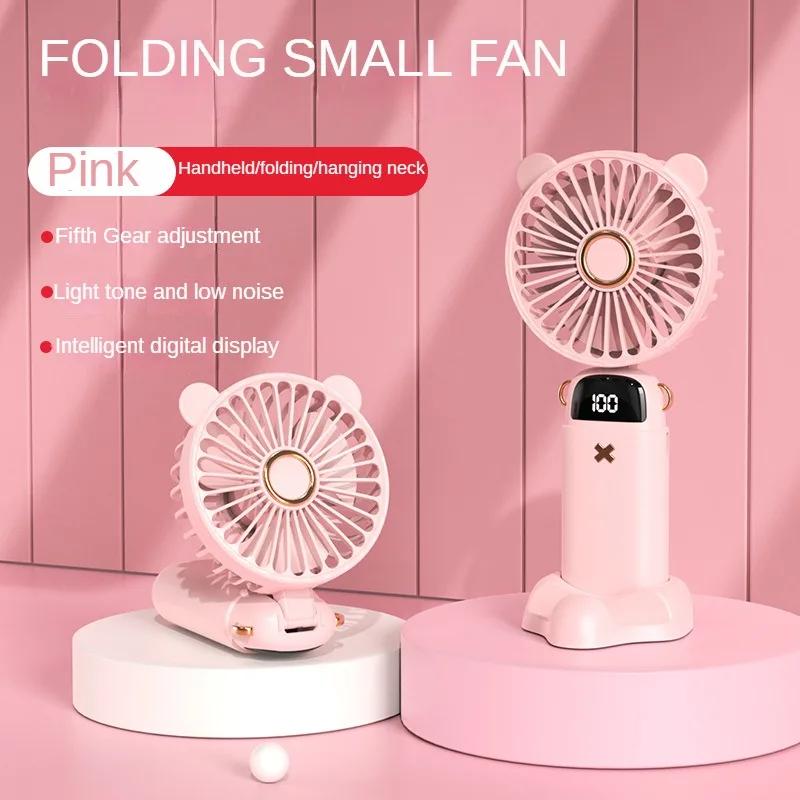 Handheld Fan Mini Foldable Portable Neck Hanging Fans 5 Speed USB Rechargeable 3000mAh Fan with Phone Stand and Display Screen