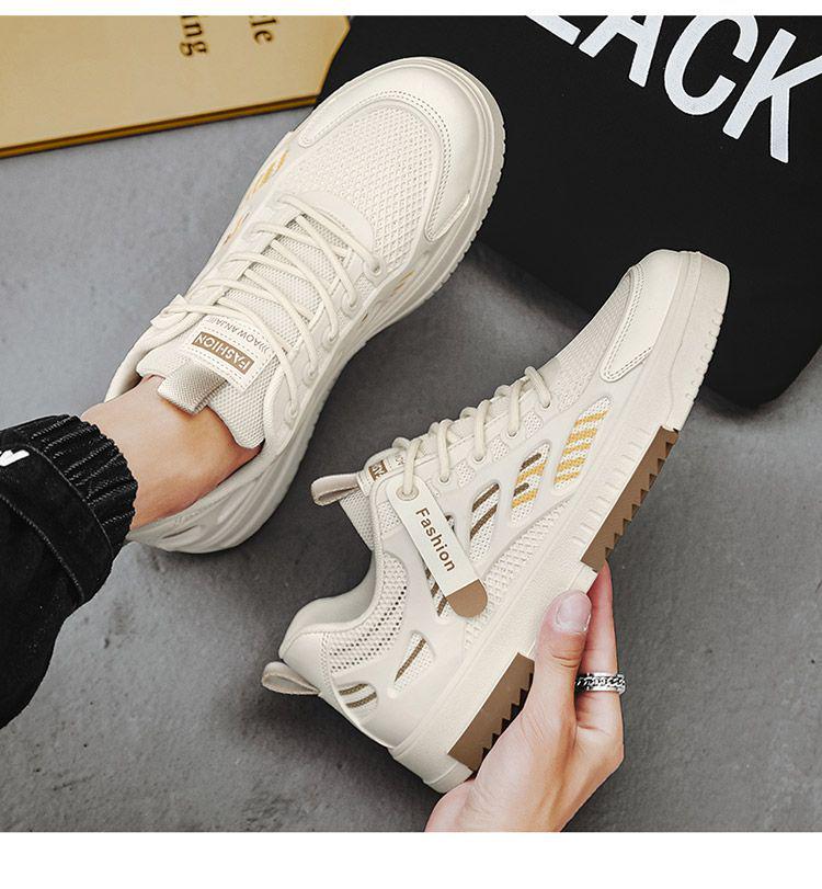 Men's White Mesh Breathable Low-Top Sneakers - Thick-Soled Casual Skateboard Shoes for Spring and Summer.