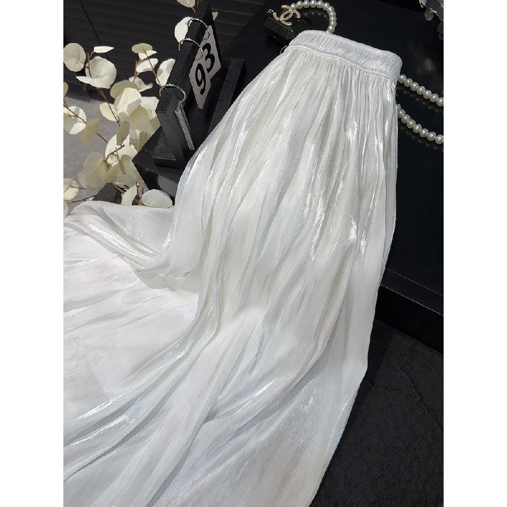 Ретро-стиль Модная плиссированная юбка А-силуэта с завышенной талией Высококачественная блестящая перламутровая шифоновая плиссированная юбка One size белый