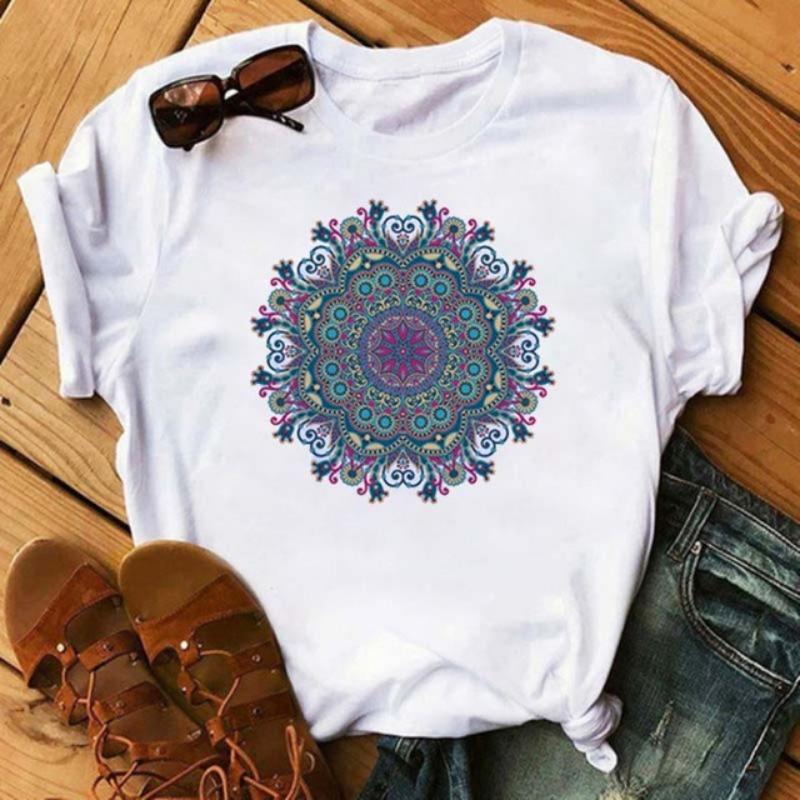 New Mandala Printed T-shirt for Women's Casual Fashion T-shirt Loose Short Sleeve Girl Aesthetic Black T-shirt Top