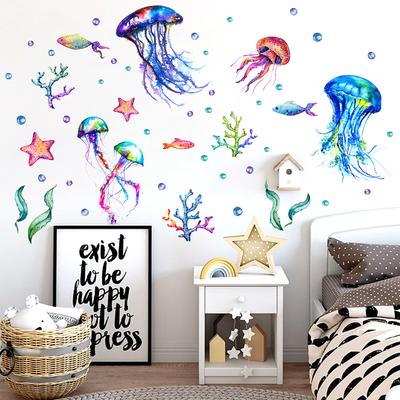 Mundo Subaquático Água-viva Estrela-do-mar Adesivos de Parede Sala de Estar Quarto Decoração de Fundo Infantil