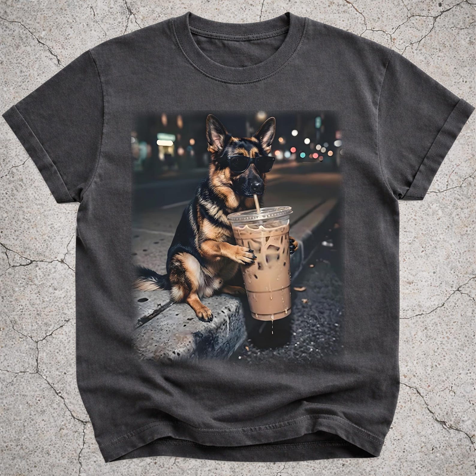 Funny German Shepherd Drinking Iced Coffee Shirt, Dog Mom Gift, Shepherd Lover Tee L