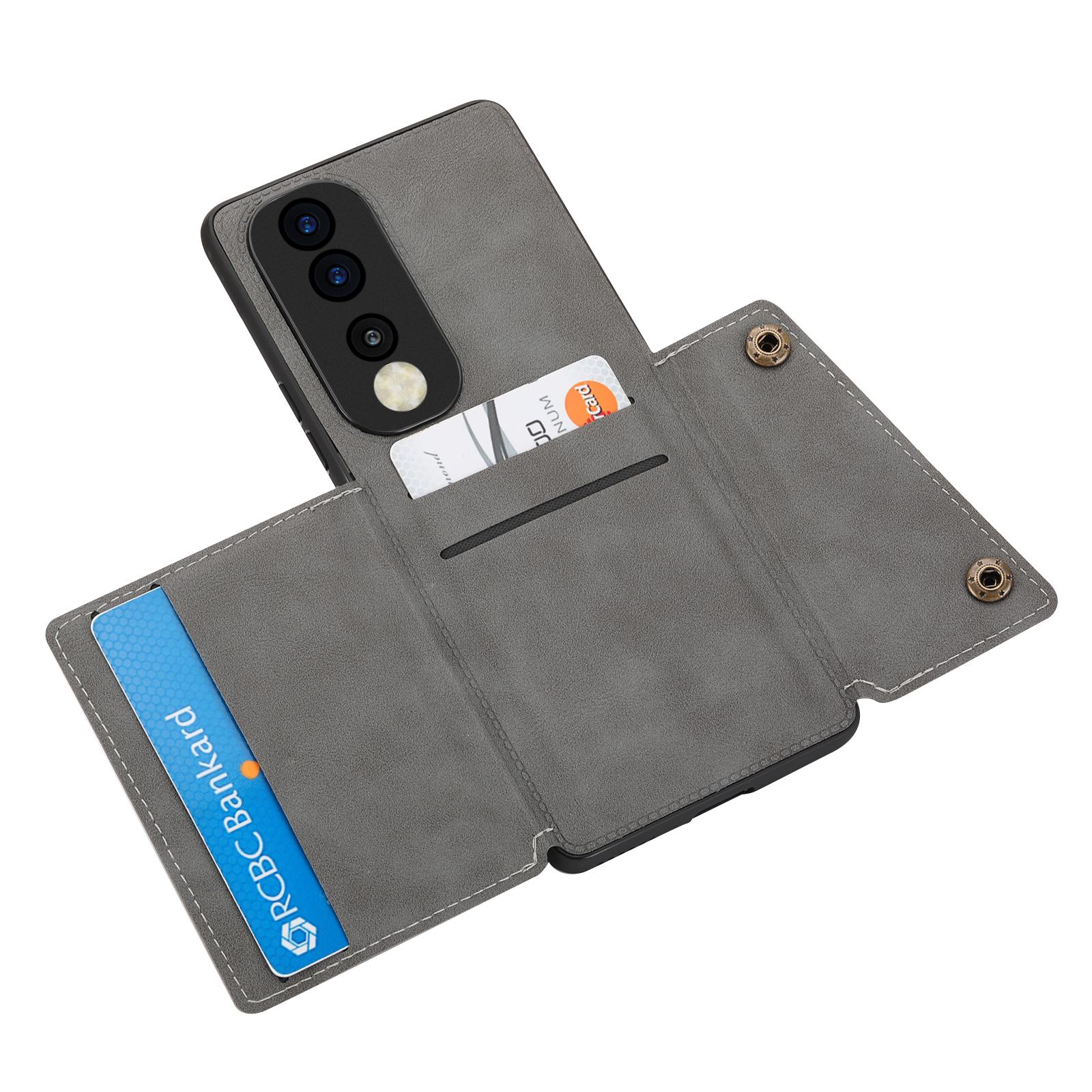 

Phone Case for Honor 90 Card Holder Kickstand Drop Resistant PU Leather Coated TPU Back Cover Grey