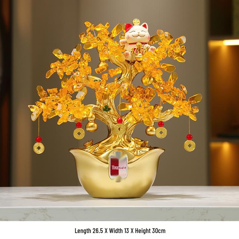 Crystal Money Tree Ornament: Lucky Cat Treasure Bowl for Living Room, Office, Shop, or TV Cabinet Decoration