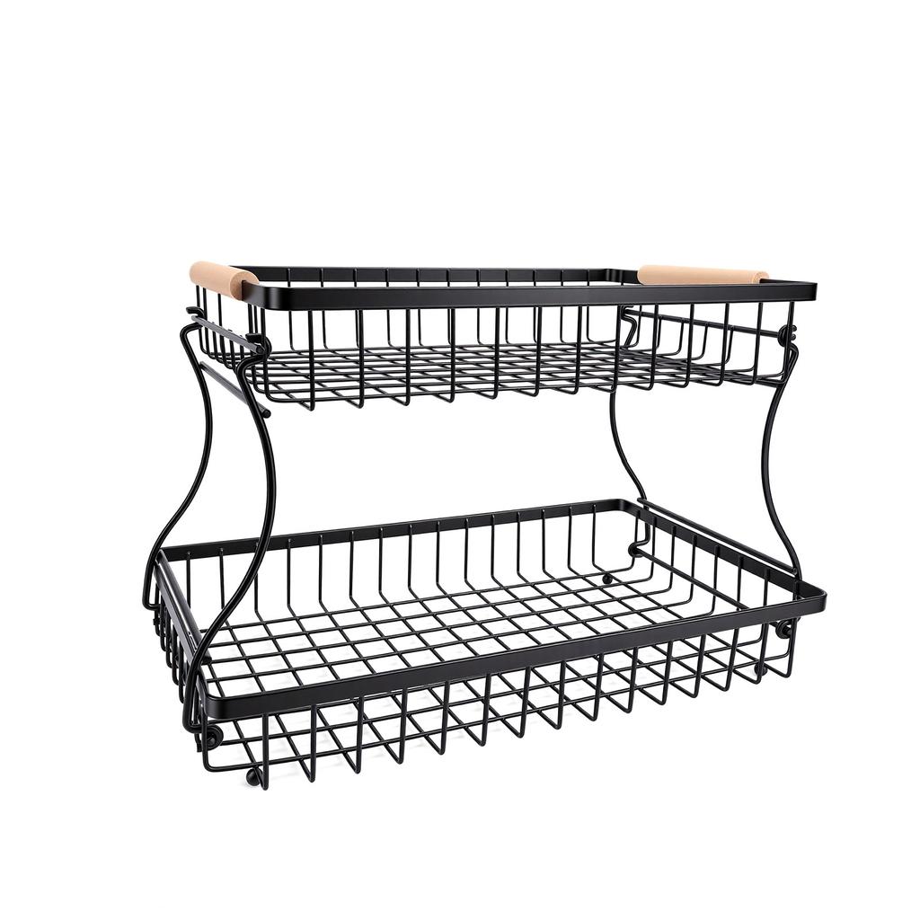 2 Tier Fruit Basket Kitchen Countertop Organizer Foldable Iron Frame Snack Storage Basket No Screw Assembly for Fruits