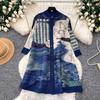 Contrast Color Printed Pleated Shirt Dress Women's Lapel Single Breasted 3/4 Sleeve Cardigan Dresss High-quality