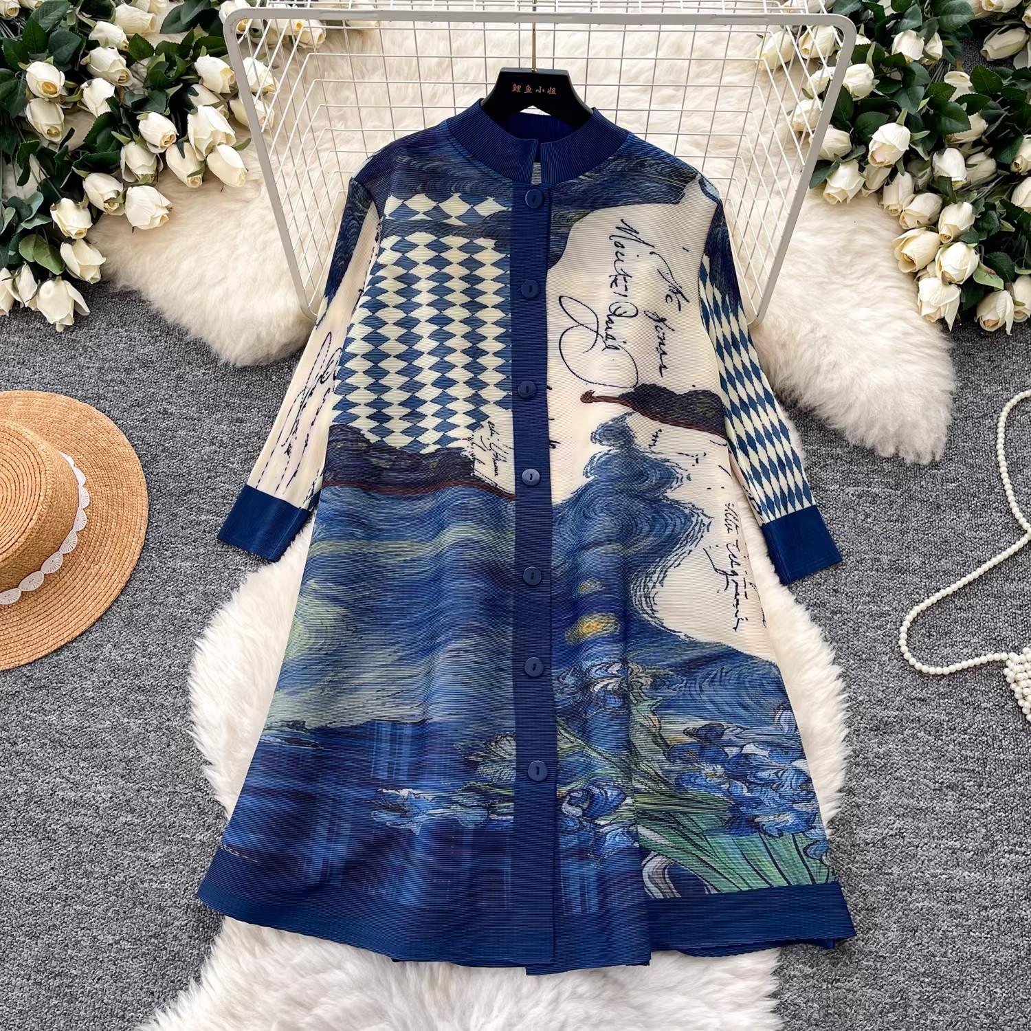 

Contrast Color Printed Pleated Shirt Dress Women s Lapel Single Breasted 3/4 Sleeve Cardigan Dresss High-quality One Size