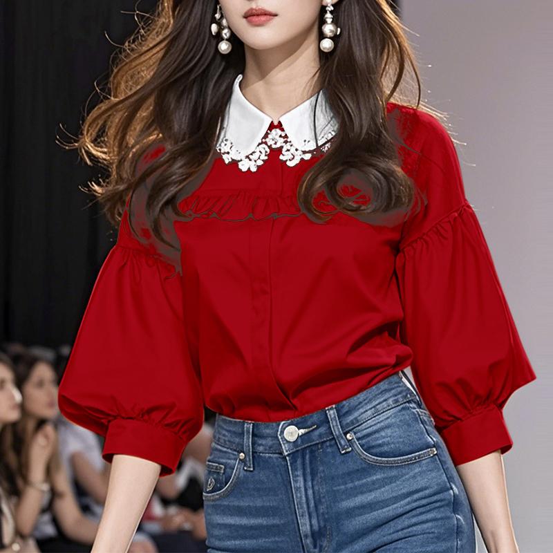 

VONDA Женские летние блузки с кружевным лацканом и коротким рукавом красный