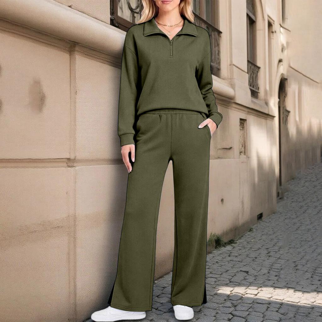 Damen 2-teiliges Freizeit-Outfit-Set mit durchgehendem Reißverschluss, Kragen und langen Ärmeln sowie Hose mit weitem Bein