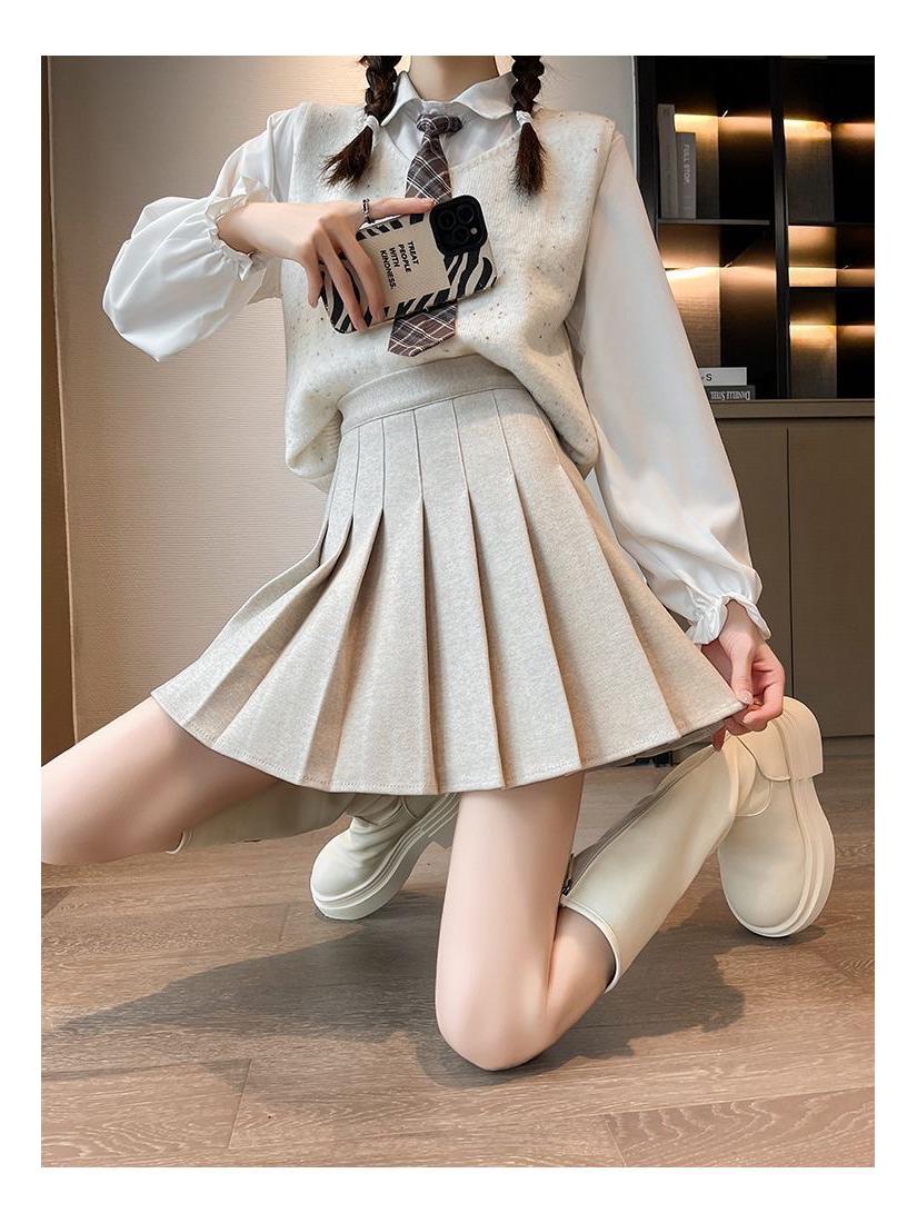 High-Waisted Pleated Woolen A-Line Skirt for Petite Students - Autumn/Winter Collection XXL