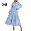 Spring Dress Pleated Patchwork Hem A-line Big Swing Midi Dress V Neck Long Puff Sleeves Flowy Dress High Waist Solid Color Dress for Datings Prom