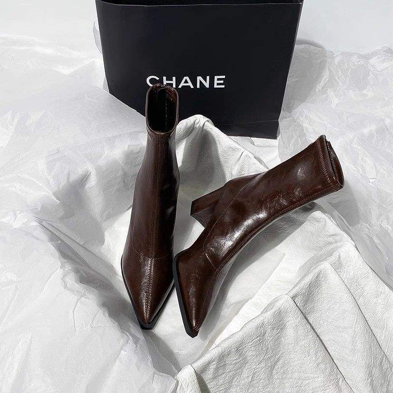 High-heeled short boots women's thick heel pointed rear zipper 2025 new autumn and winter versatile black Martin boots