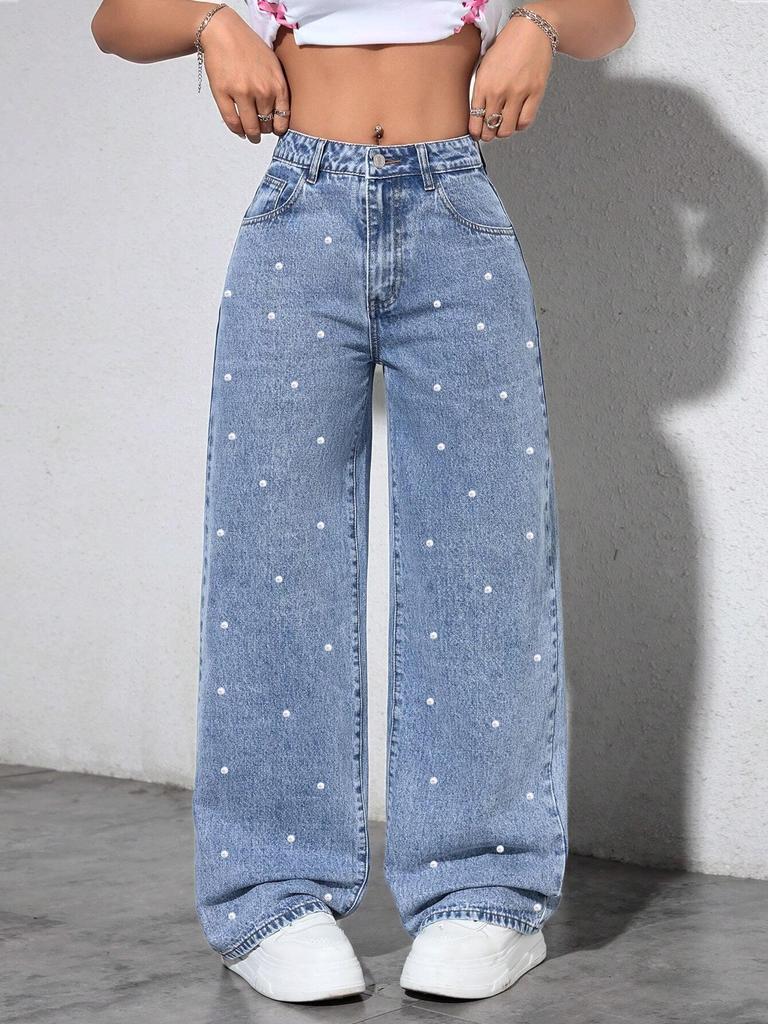 INS Style Pearl Adorned Straight-Leg Wide Denim Pants