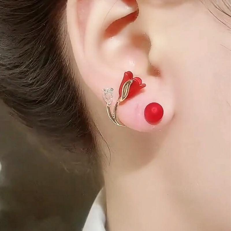 Two Wear Sweet Tulip Red Earrings For Women Luxury Post Hanging Ear Studs