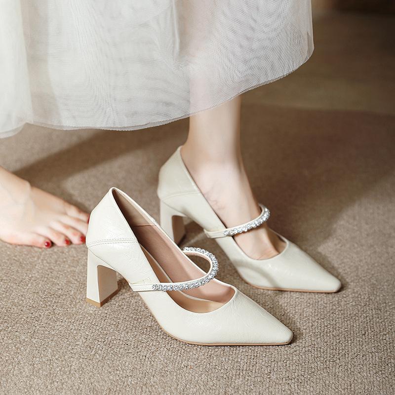 2025 Autumn New Square-Toe Low-Cut Rhinestone Block Heel Mary Jane Shoes Women's One-Strap French High Heels XW-9612-6