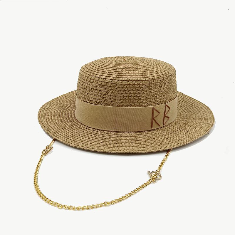 Neue Strohhüte für Damen Modisch Rb-Buchstaben Elegant Urlaubs-Boaterhut Sommer Flacher Kopf Strand Sisalstrohhut 56-58CM beige