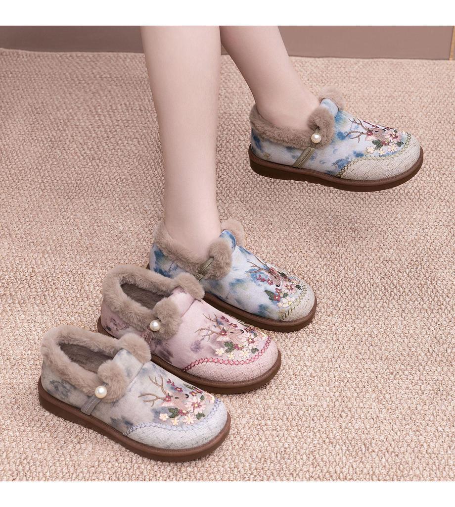 Damskie Bawełniane Botki Wsuwane z Haftem Jelonka - Wyściełane Aksamitem, Gruba Podeszwa, Buty Zimowe.